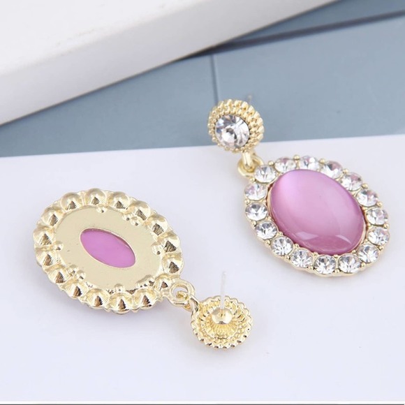 Regal Pink & Rhinestone Oval Drop Earrings - Picture 3 of 7